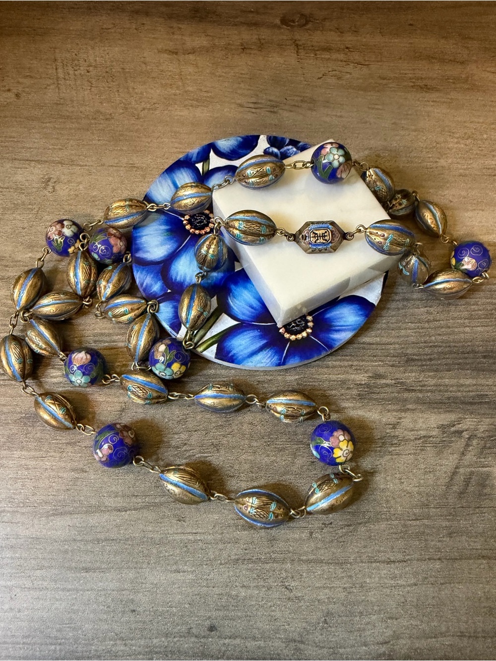 Stunning! Vintage Silver Beaded Cloisonné necklace #K81  37” 925 Sterling Silver